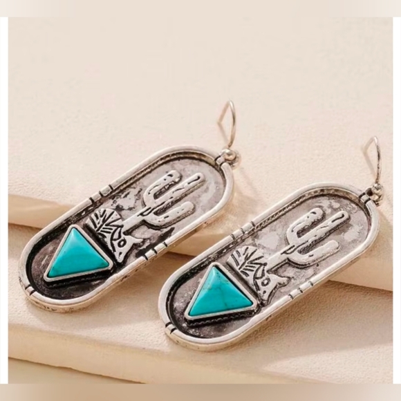 Turquoise and Silver Cactus Earrings - Picture 4 of 7